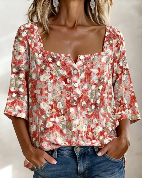 Blus Blommig Fyrkantig Hals Halvknäppning Trekvart Ärm