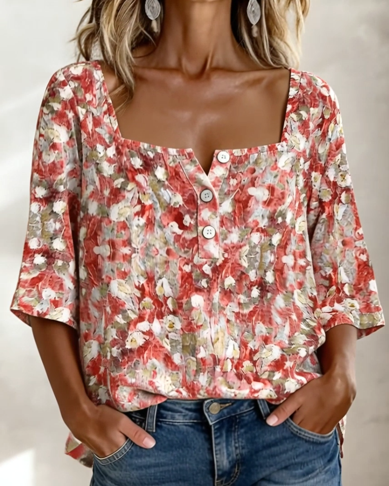 Blus Blommig Fyrkantig Hals Halvknäppning Trekvart Ärm