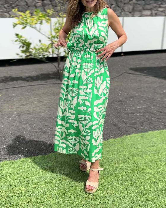 Klänning Ärmlös Lång Midja Tryckt