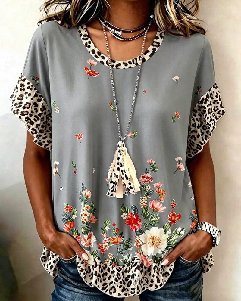 T-Tröja Leopard Lapptäcke Blommigt Print