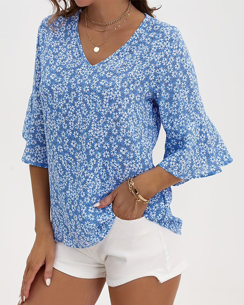 Blus V-Hals Floral Fjäril Ärm