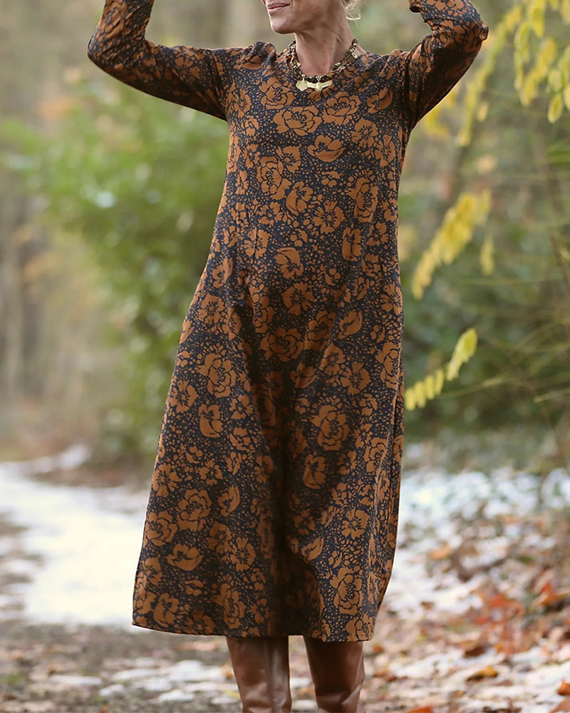 Klänning Blommigt Mönster Rund Hals Lös Passform