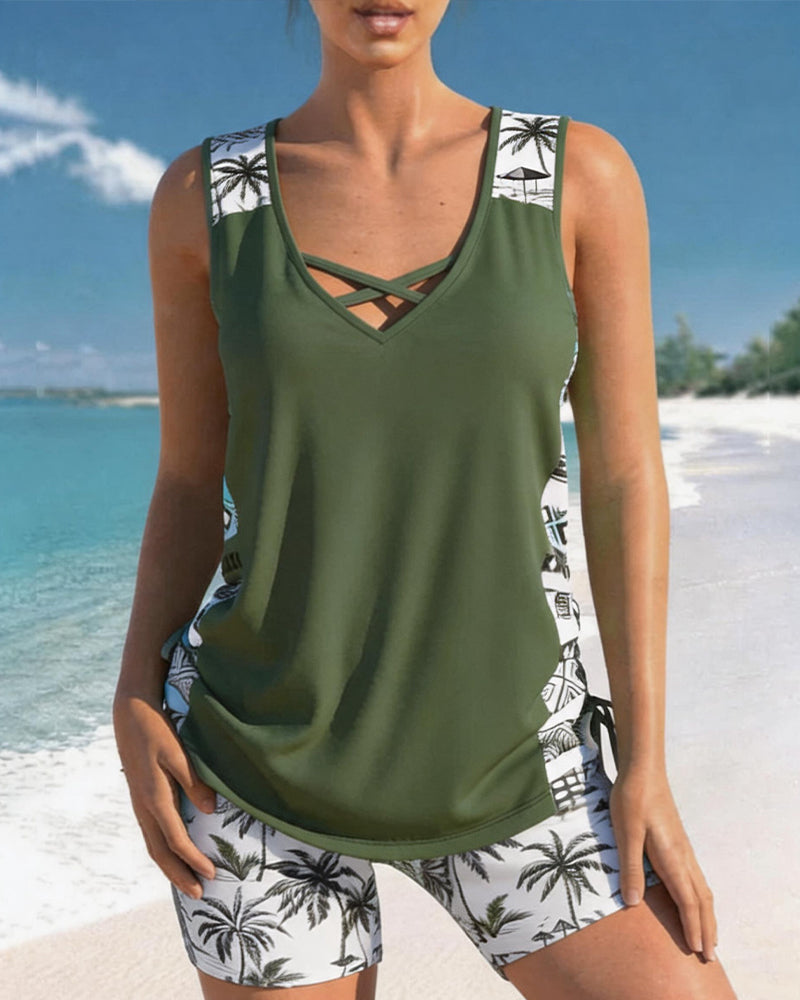 Semester Tankini Tryckt Korsade Remmar