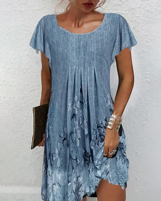 Klänning Rynkade Ärmar Tryckt