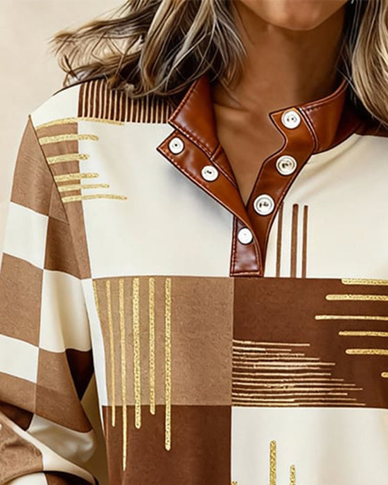 Färgblockad Sweatshirt Med Ståndkrage Och Knappslås Fram