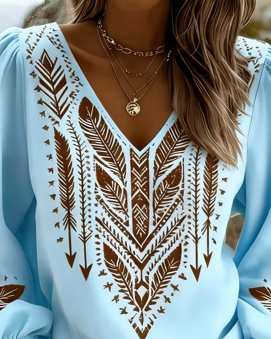 Blus Puckad Ärm V-Ringning Lössittande