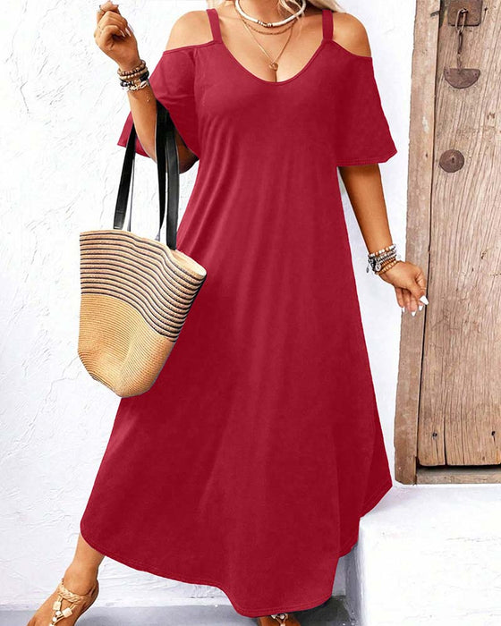 Klänning Enfärgad V-Ringning Off-Shoulder Lång