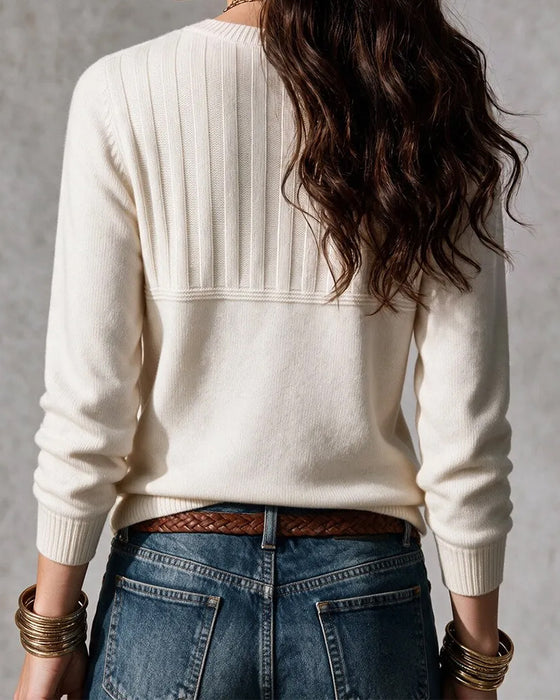 Pullover Rundhals Rand Knapp Fram Solid Stickad