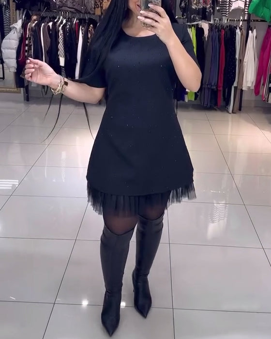 Klänning Kortärmad Mesh Kjol Pärlsömmar