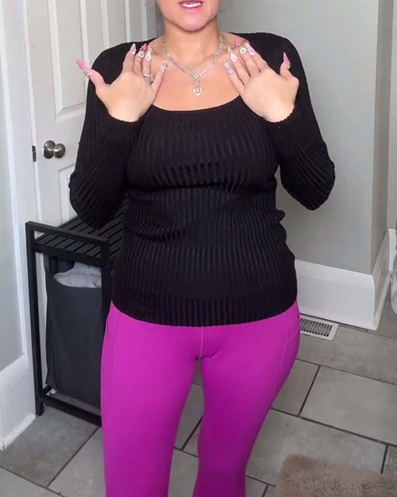 T-shirt med långärmad, avslappnad enfärgad U-ringning