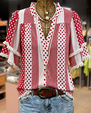 Blus V-Hals Prickig Fringe Patchwork