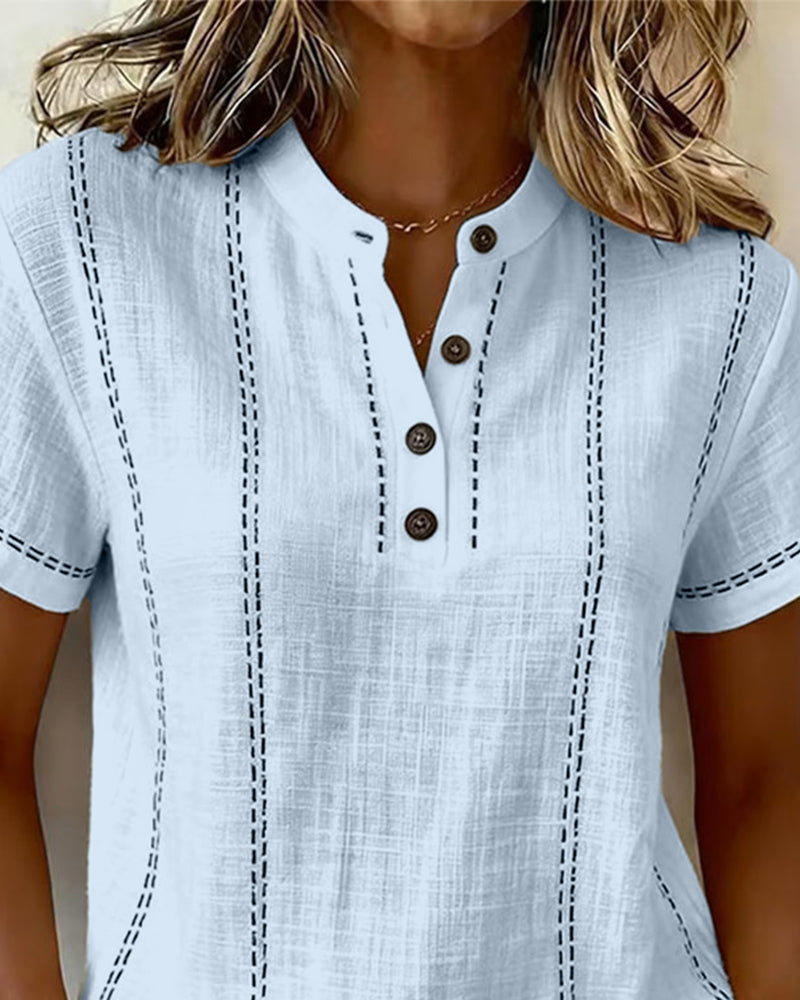 T-Shirt Mode Avslappnad Knapp V-Hals