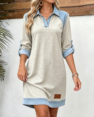 Klänning Denim Patchwork Polo Krage Lång Ärm
