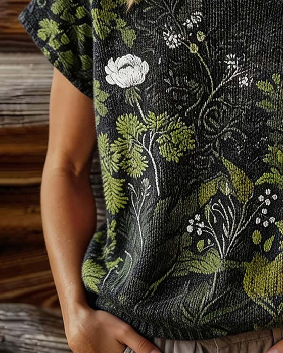 T-Shirt Rundhalsad Stickad Tryck Kort