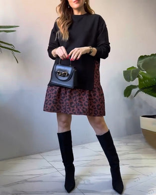 Patchwork ledig klänning i leopardmönstret