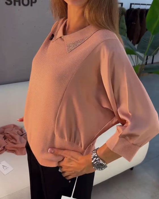 Pullover Slag Armbågslång Ärm Stickad Elegant
