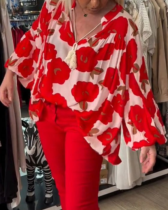 Blus Stor Blommig Knytning V-Hals