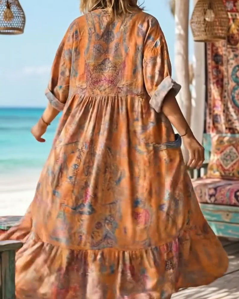 Klänning Retro Blommigt Tryck V-ringning Maxi