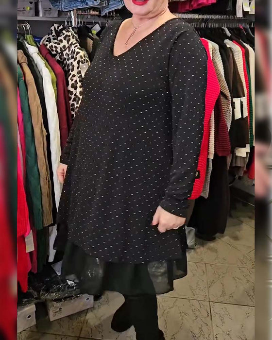 Klänning V-halsning Fin Glitter Mesh Lappverk Lössittande