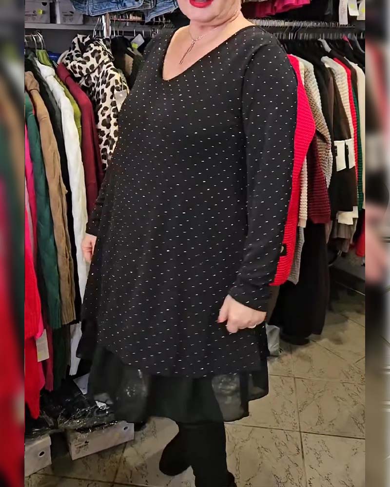 Klänning V-halsning Fin Glitter Mesh Lappverk Lössittande