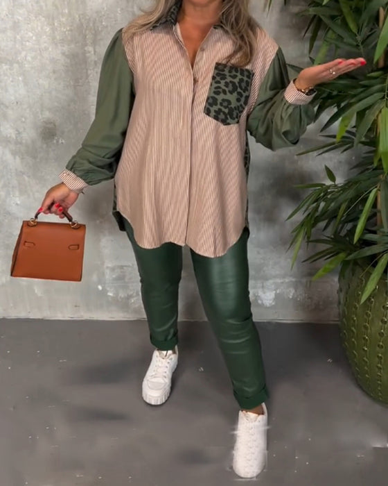 Lapel lantern ärm leopardmönstrad skjorta
