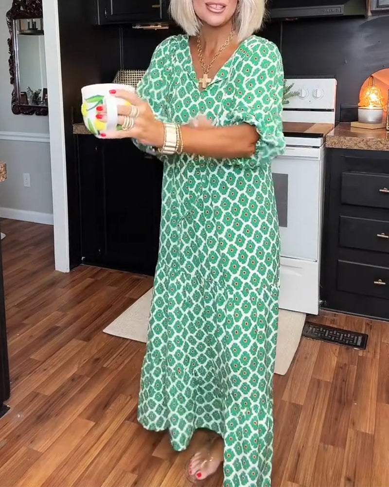 Klänning Diamant Tryck V-Hals Maxi Skiktad