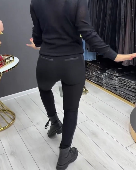 Leggings PU Lapptäcke Dragkedja Utsmyckad