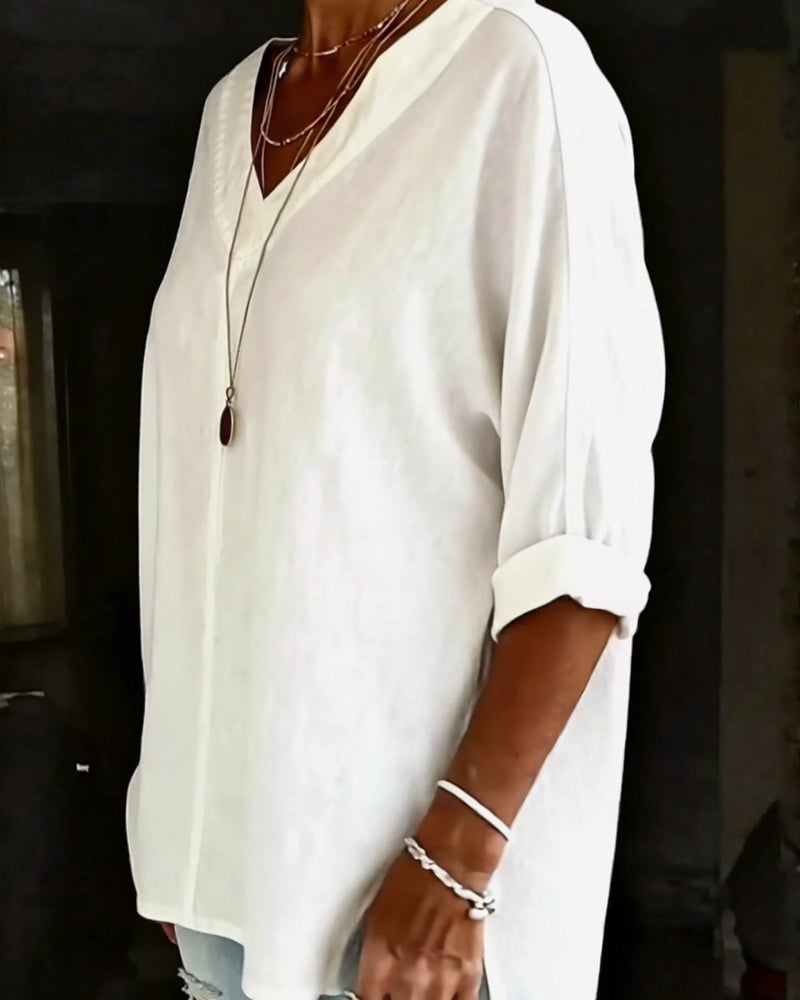 Topp V-Hals Sju-Ärm Delad Bomull Lin