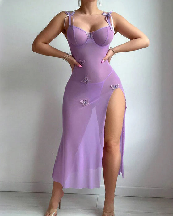 Mesh-Fjäril Högt Slit Suspender Klänning