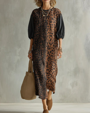 Klänning Leopard Tryck Färgblock Puff Ärm