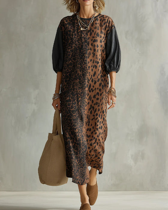 Klänning Leopard Tryck Färgblock Puff Ärm