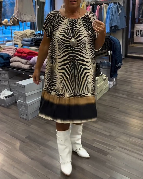 Klänning Lös Rund Hals Kort Ärm Tryckt