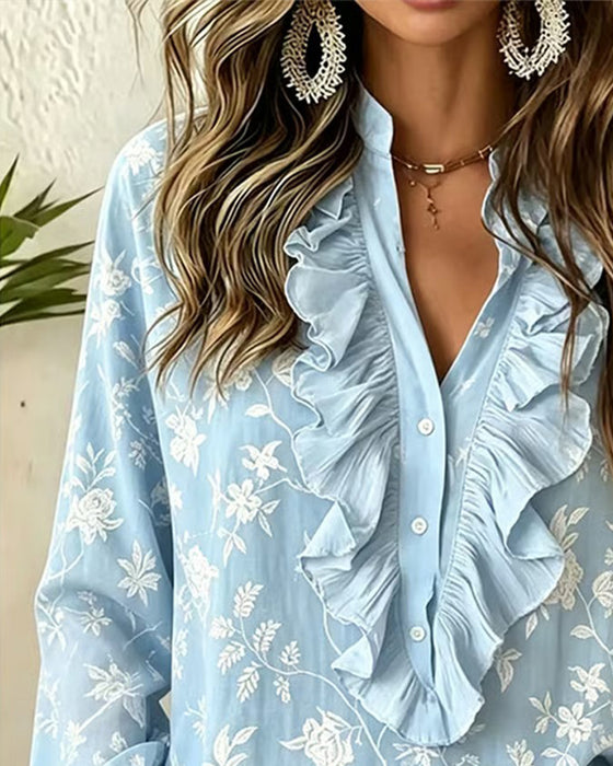 Blus Knapp Fram Ruffle V-Hals Puffärm