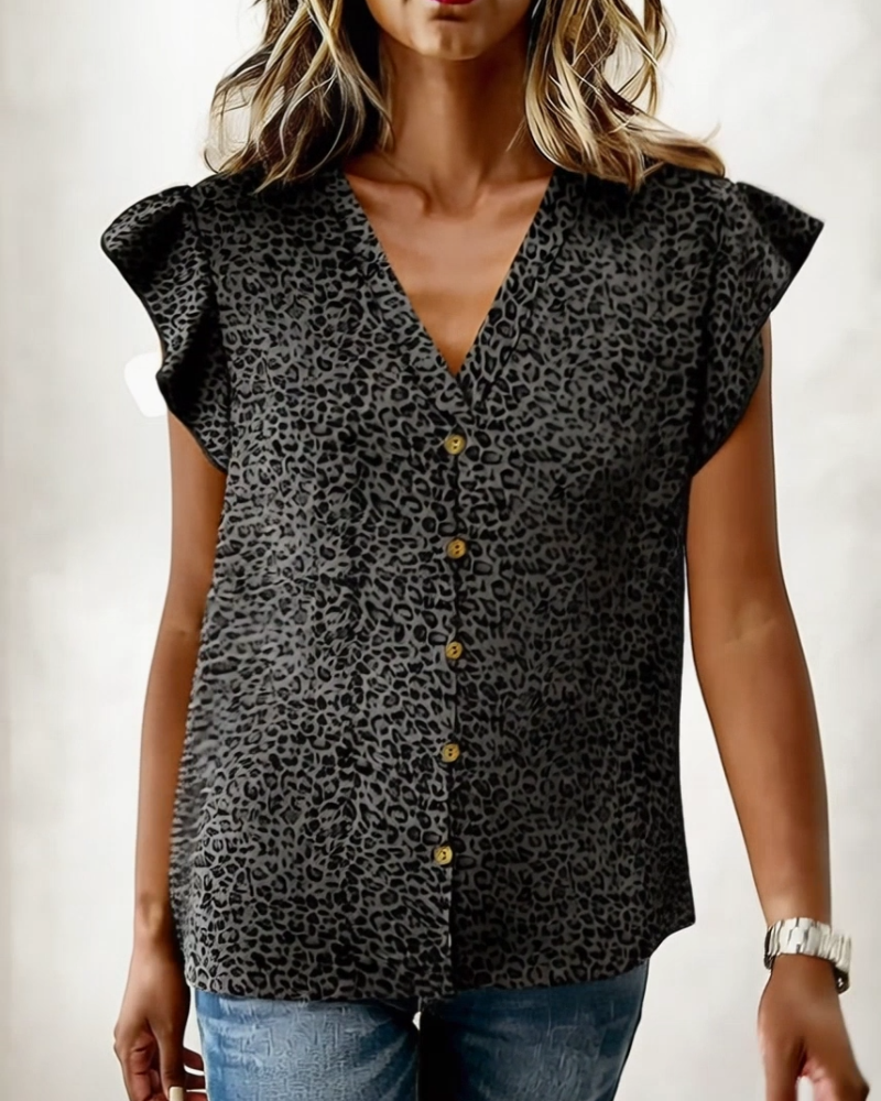 Blus Leopard Tryck V-Hals Rynkad