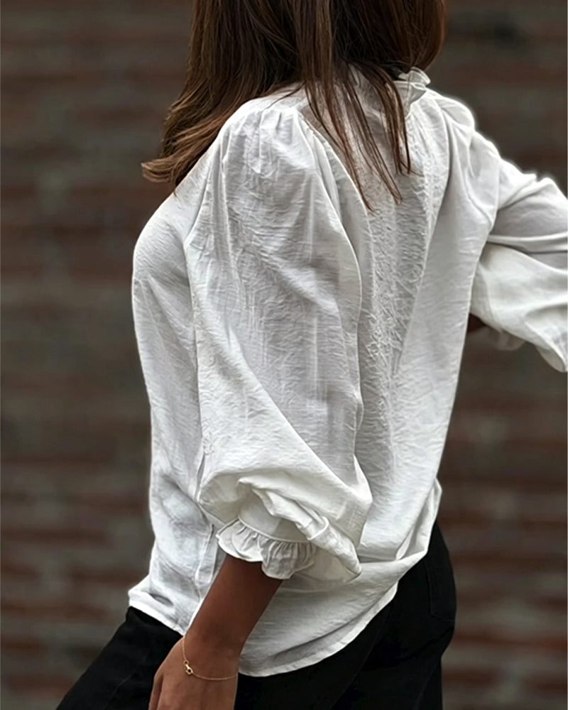 Blus V-Hals Knapp Fram Ruffle Puffärm