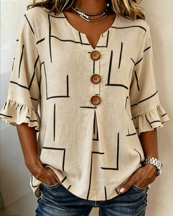 Blus Rynkad Ärm Randigt Print