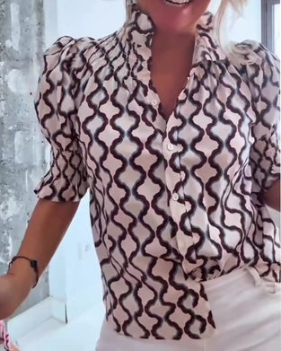 Skjorta Vågprint Ståkrage Puffärm