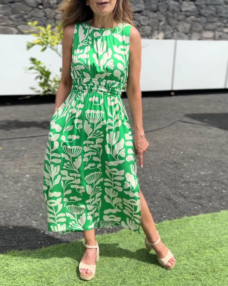 Klänning Ärmlös Lång Midja Tryckt