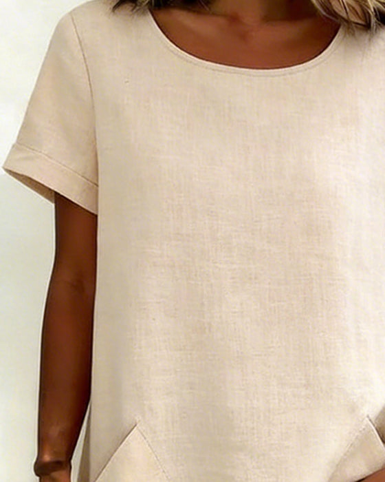 Blus Oregelbunden Rund Hals Ficka