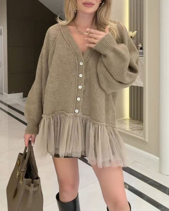 Cardigan V-Hals Mesh Ruffle Patchwork