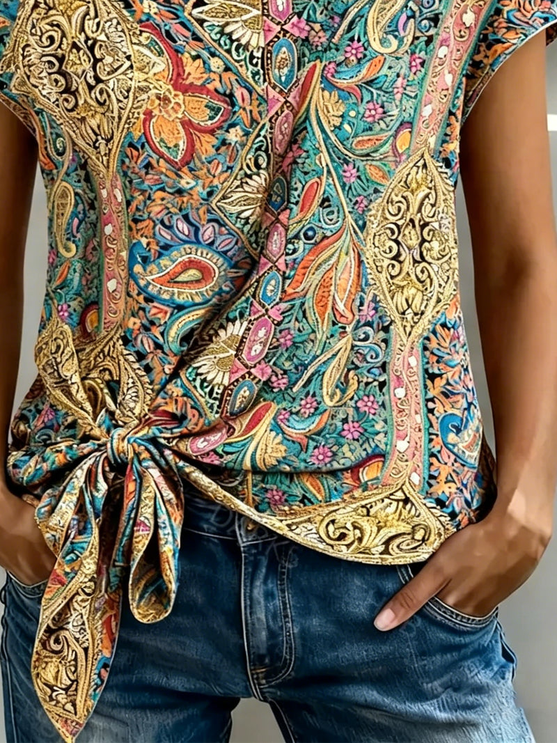 Blus Print Kortärmad Knyt Fram