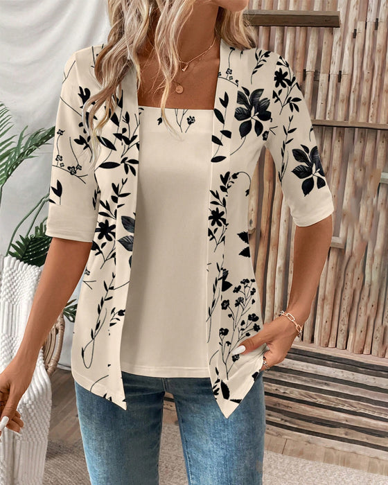 Elegant Falsk Två-del T-shirt med Blommermönster