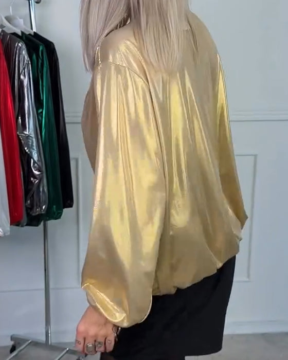 Lös Topp Med V-Ringning Och Långa Ärmar