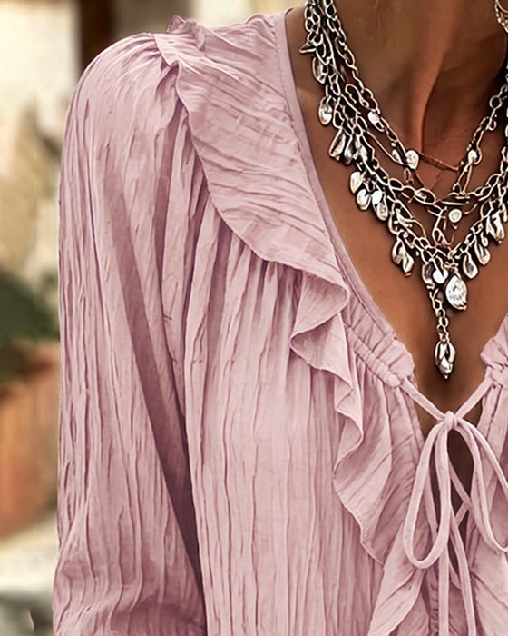 Blus Ruffle Trim Snörning Lång Ärm