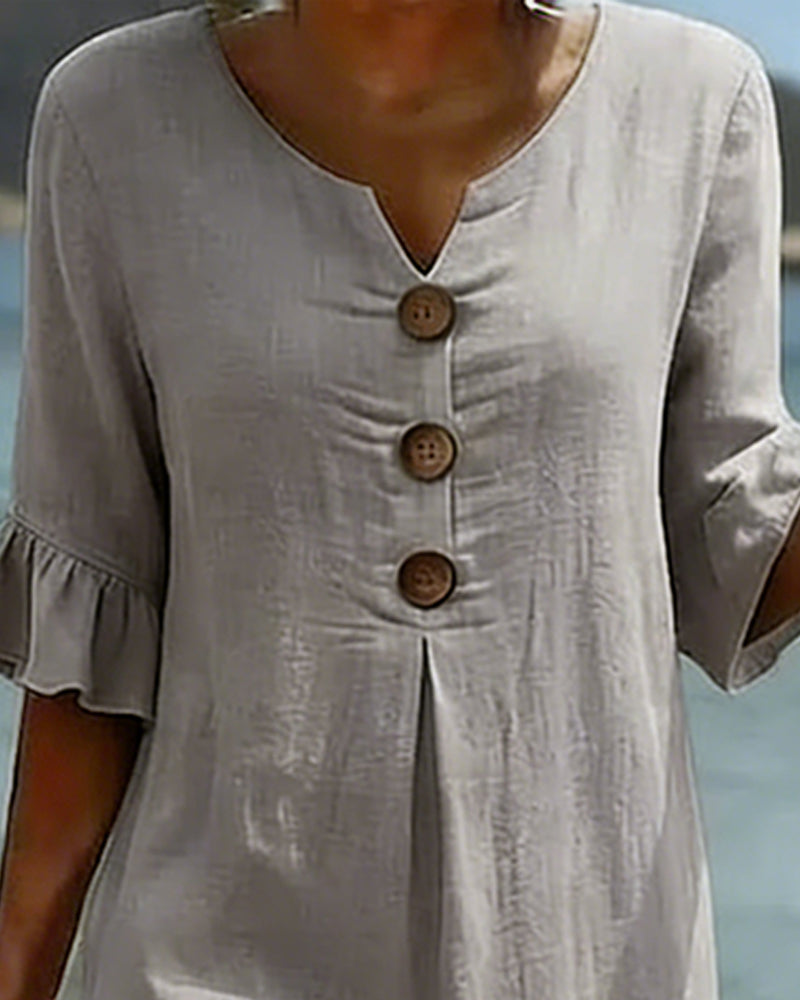 Klänning Knapp Rynkad Ärm 100% Bomull