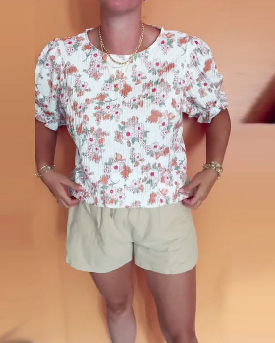 Blus Rund Halsringning Blommig Kort Ärm