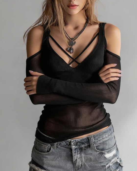 Blus Kors Och Tvärs V-Hals Off-Shoulder