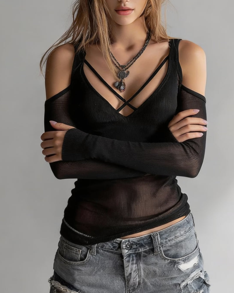 Blus Kors Och Tvärs V-Hals Off-Shoulder