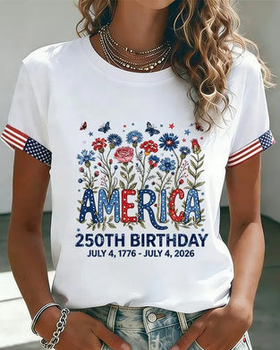 T-Shirt Rund Hals Bokstav Färgglad Blommig Tryck