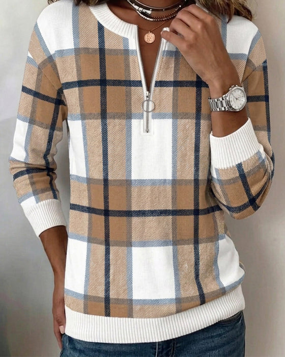 Sweatshirt Rutig Halvdragkedja Rund Halsning Pullover